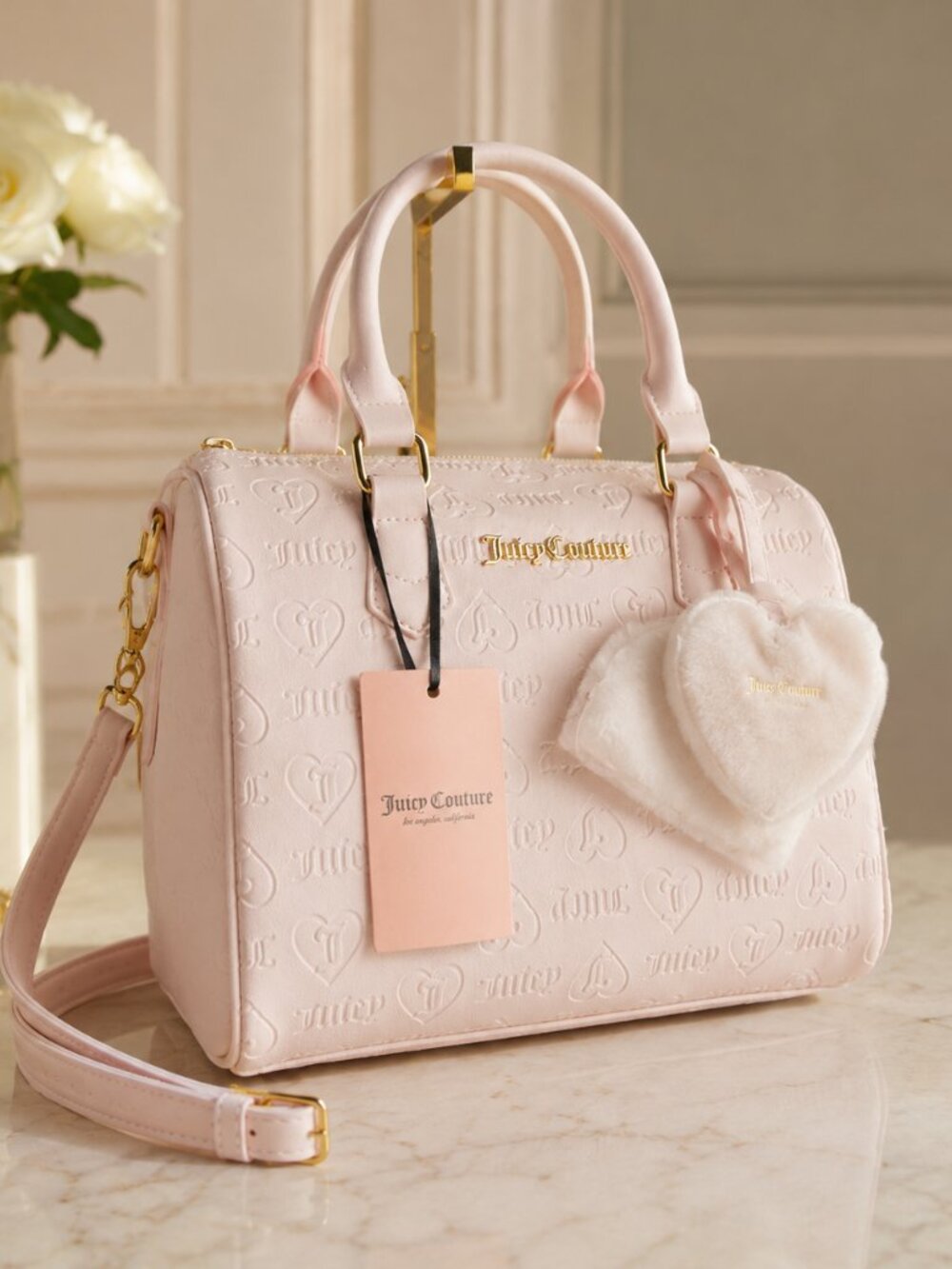 Juicy Couture Fame Pink Satchel Heart Embossed w/ Charm & Crossbody Strap NWT